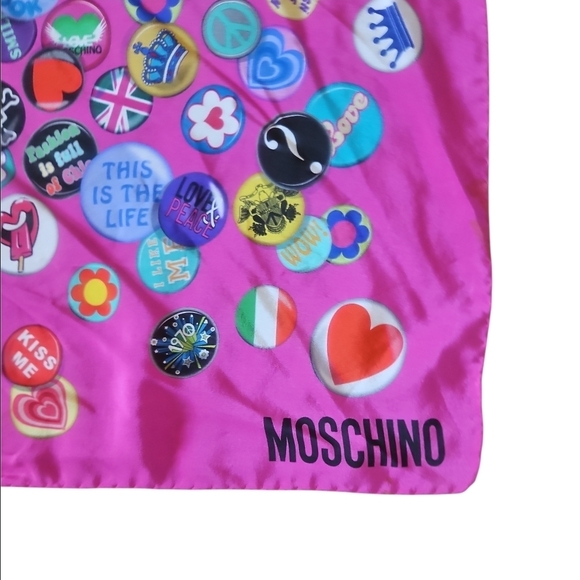 MOSCHINO | Vintage 100% Silk Pop Art Pin Badge Scarf 25" Made in Italy - Picture 2 of 5